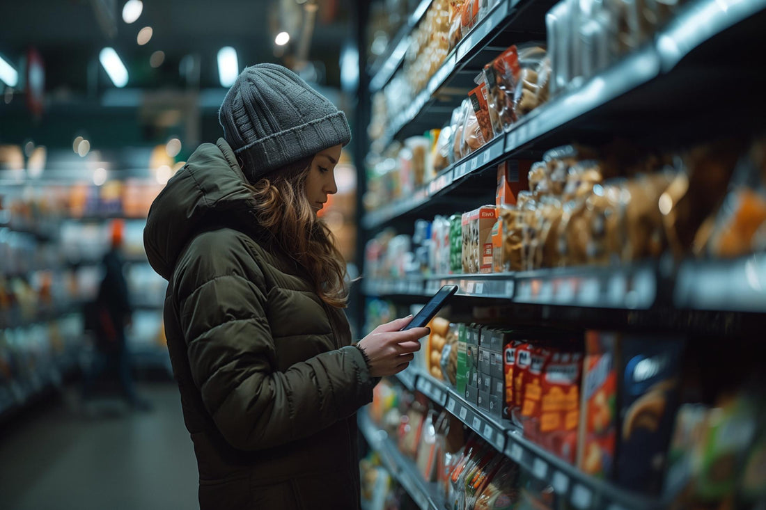 Woman looking at her phone in a grocery store isle 