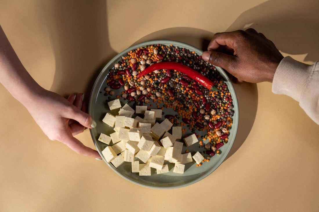 a plate full of protein such as tofu and legumes