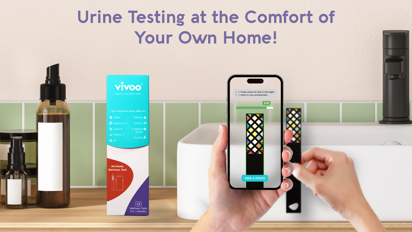 an image promoting vivoo with phone screen and Vivoo urine test box